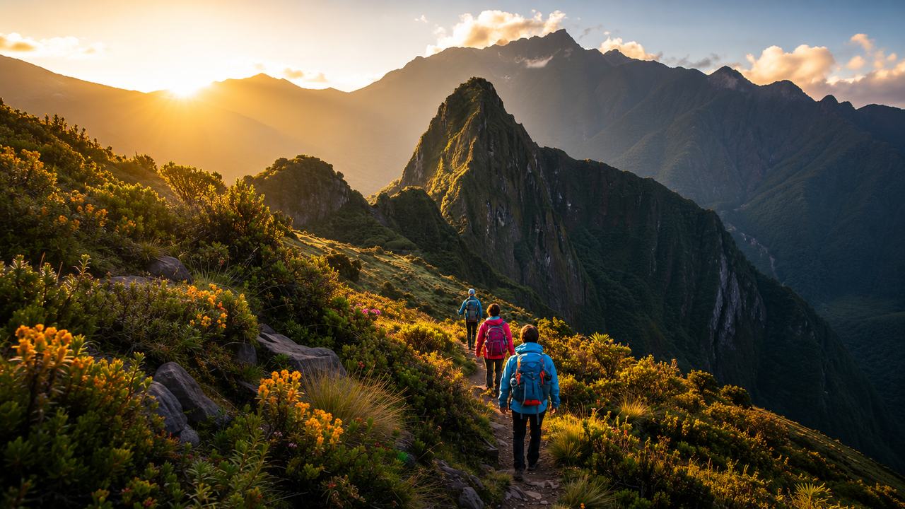 Grupo caminando junto por un sendero de montaña